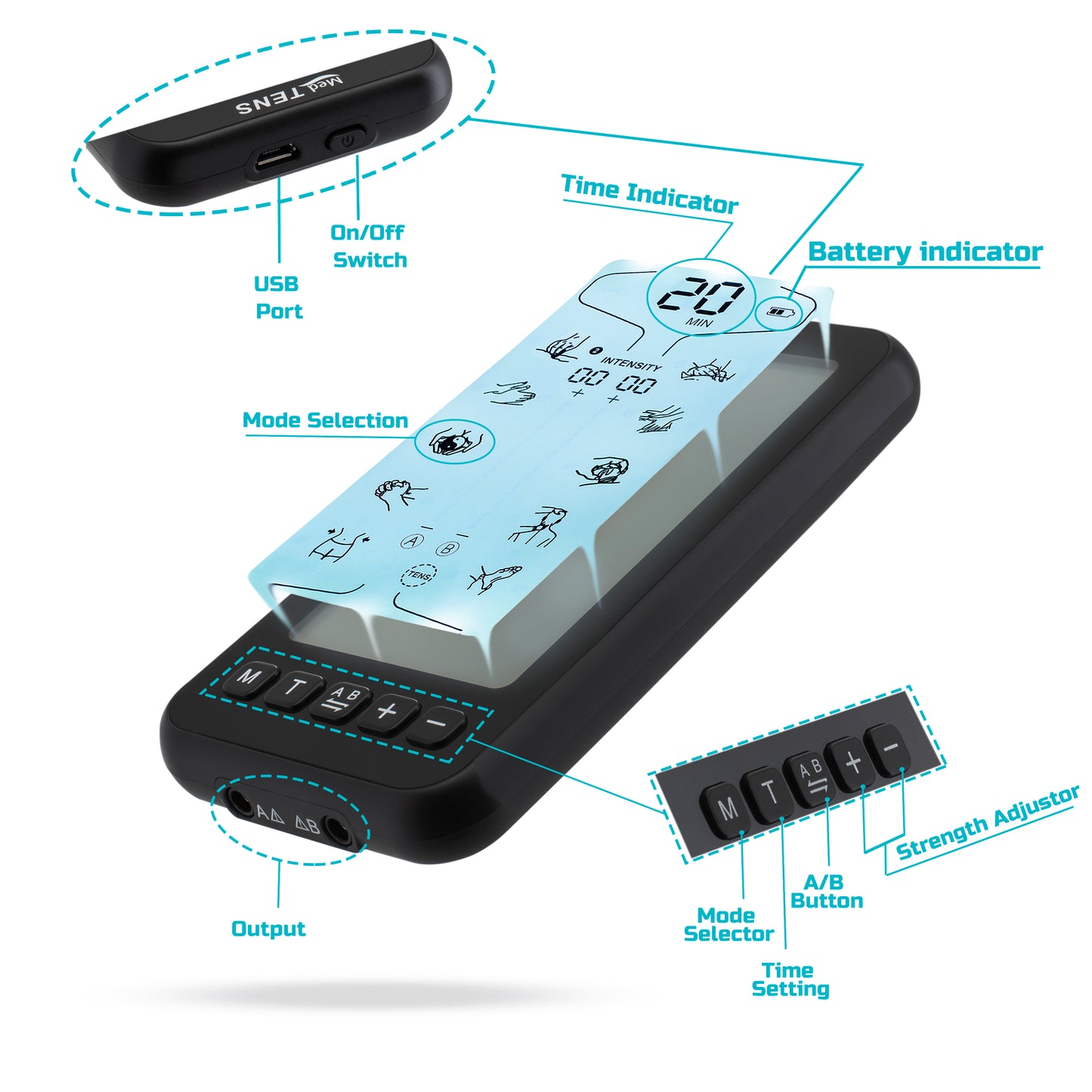 MEDTENS Tens Unit Machine Device 24 Massage Modes Rechargeable Pulse Muscle Stimulator