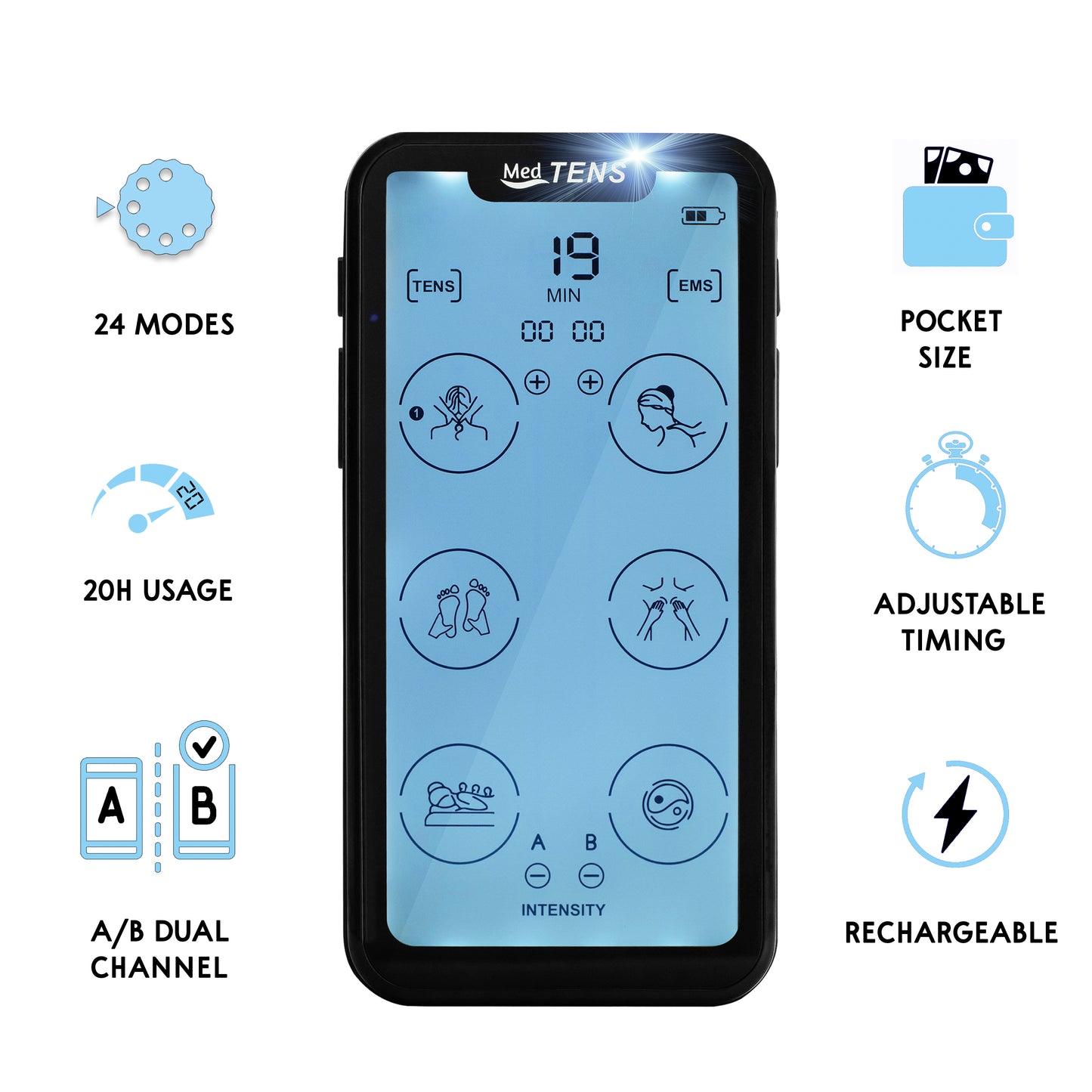 Tens Unit EMS Muscle Stimulator Touchscreen Rechargeable Tens Machine Device 24 Massage Modes 8 Large Replacement Pads Dual Channel Pain Relief Therapy Pulse Therapy Device